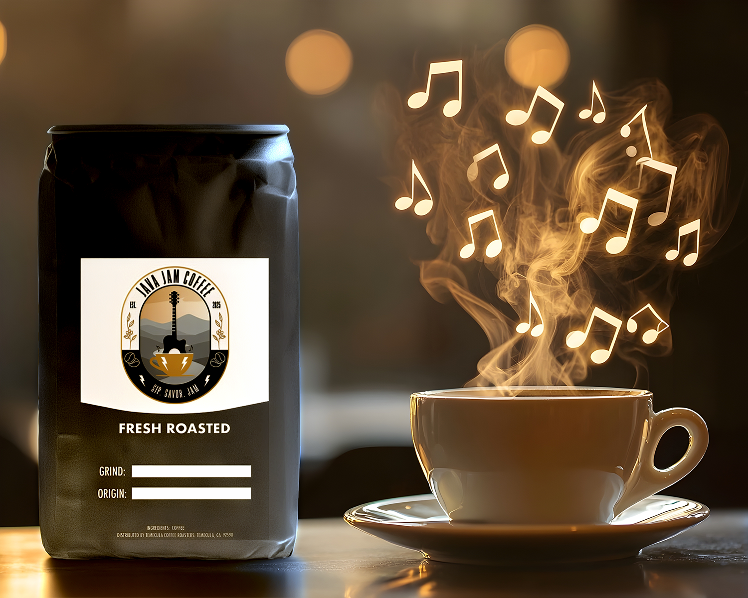 Coffee bag labeled 'Fresh Roasted' with a steaming cup of coffee and musical notes in the background