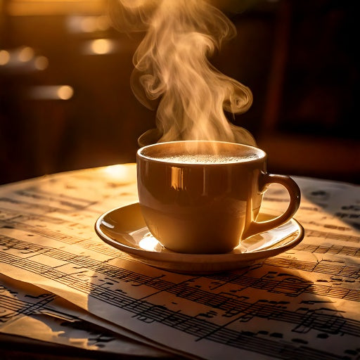 Steaming coffee cup on a table with scattered sheet music