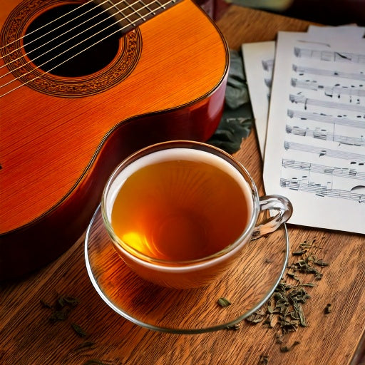 Loose leaf tea and a cup next to acoustic guitar and sheet music. 