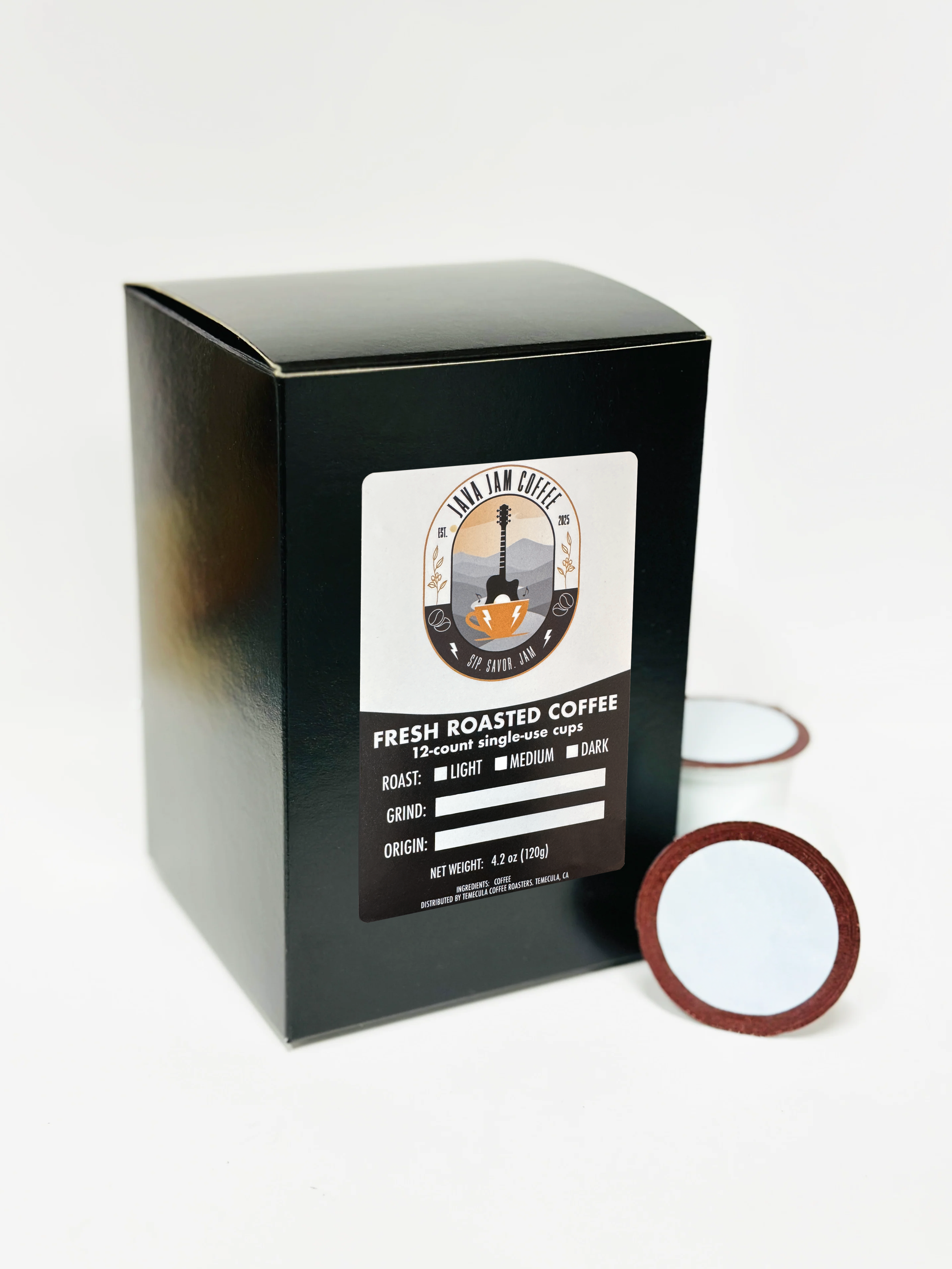 Black coffee box with a Java Jam label on a white background and an example Pod