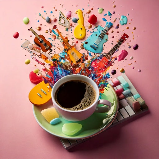 Colorful miniature guitars and a cup of coffee on a pink background