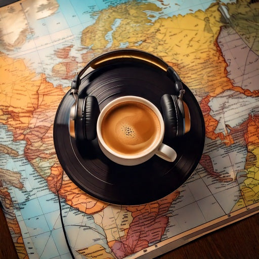 Headphones and coffee cup on a vinyl record with a world map background